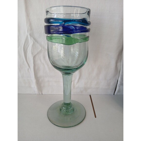 Unbranded Other - Mexico Hand Blown Blue Green Rings Wine Water Goblet Wine Glass Heavy Unique